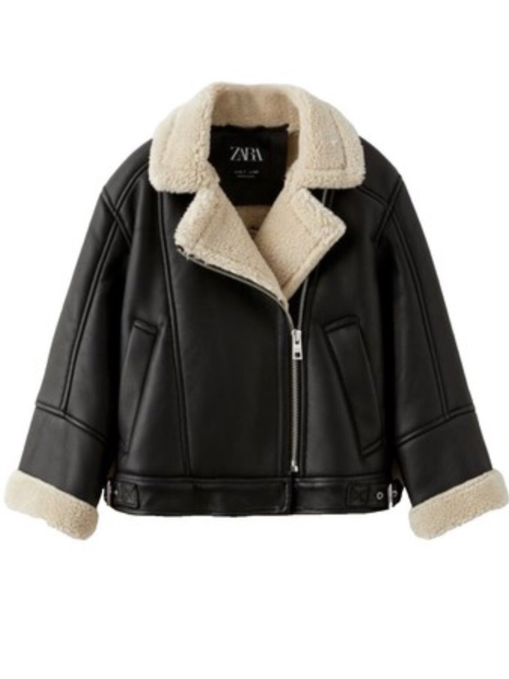 Zara Black Faux Leather Aviator Jacket with Tan Shearling